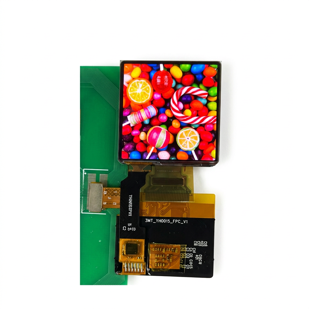 1.6-inch rectangular AMOLED display module with flex assembly on white background