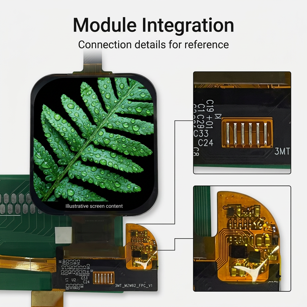1.952-inch AMOLED flex connection details with illustrative emerald fern screen