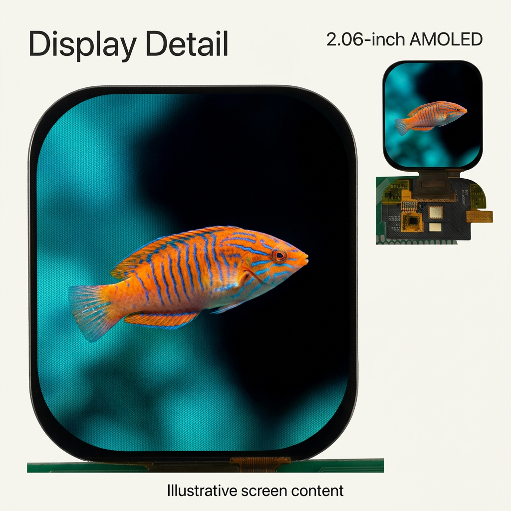 2.06-inch AMOLED display detail with illustrative tropical fish screen