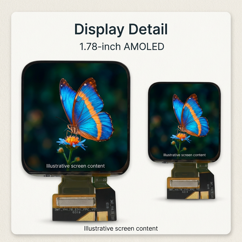 1.78-inch AMOLED display detail with illustrative butterfly screen