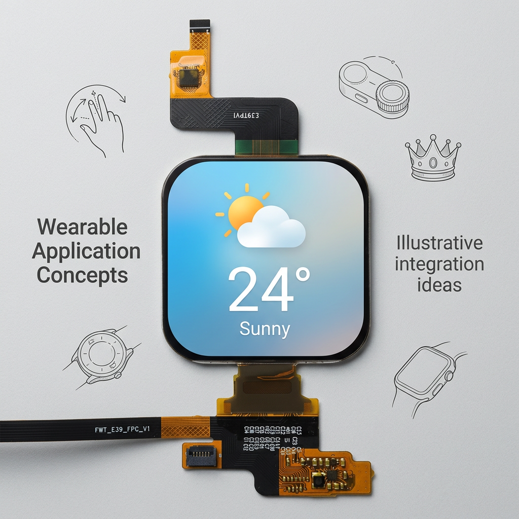 1.97-inch AMOLED wearable application concepts with illustrative weather screen
