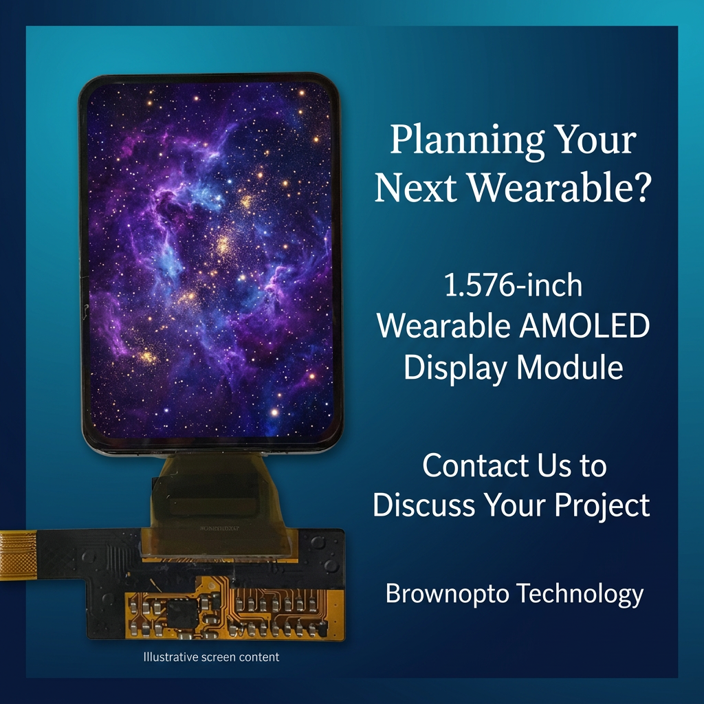 Brownopto 1.576-inch wearable AMOLED project inquiry with illustrative cosmic nebula screen