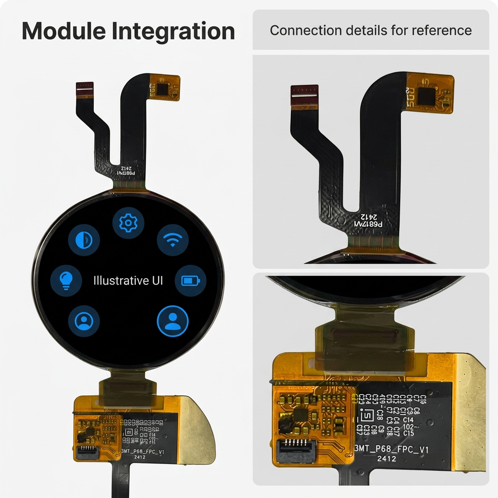 1.508-inch AMOLED module upper flex and lower circuit details with illustrative settings UI