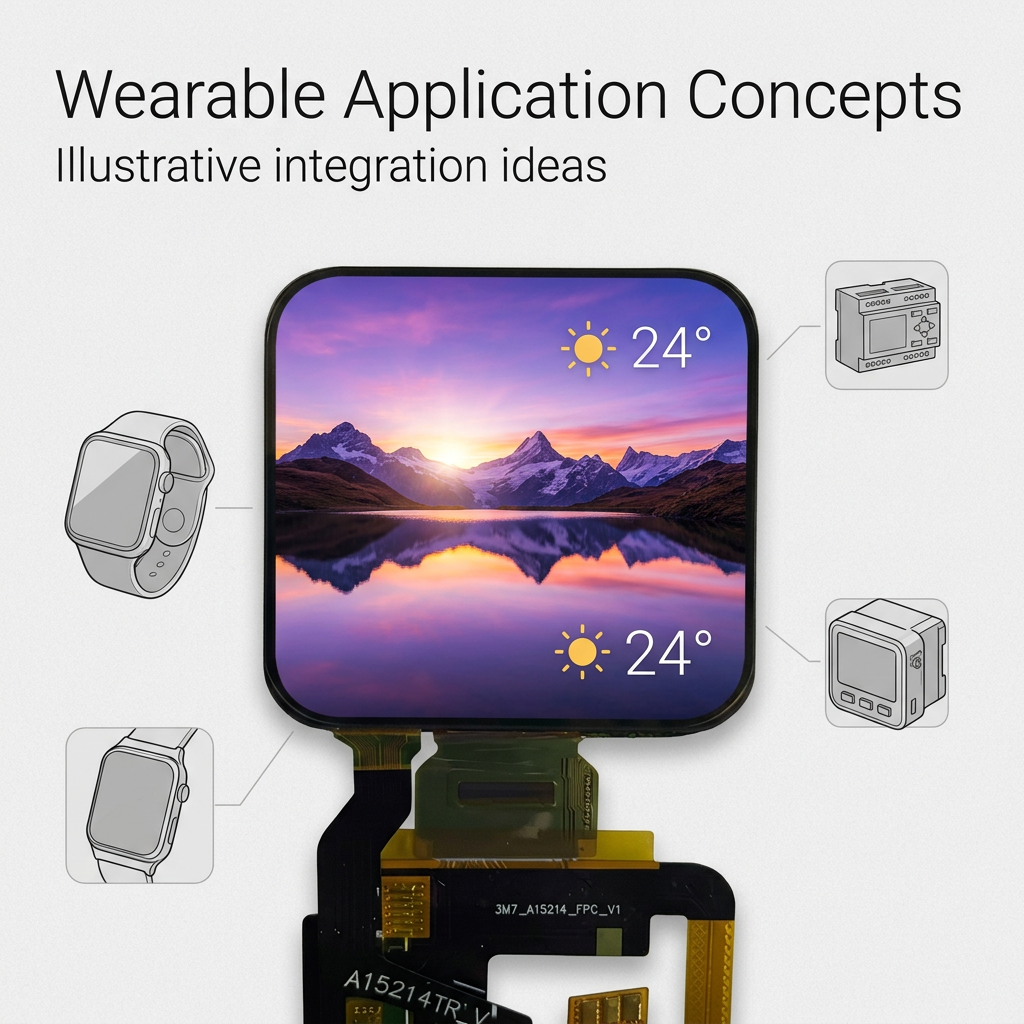 2.08-inch AMOLED wearable application concepts with illustrative mountain lake weather UI