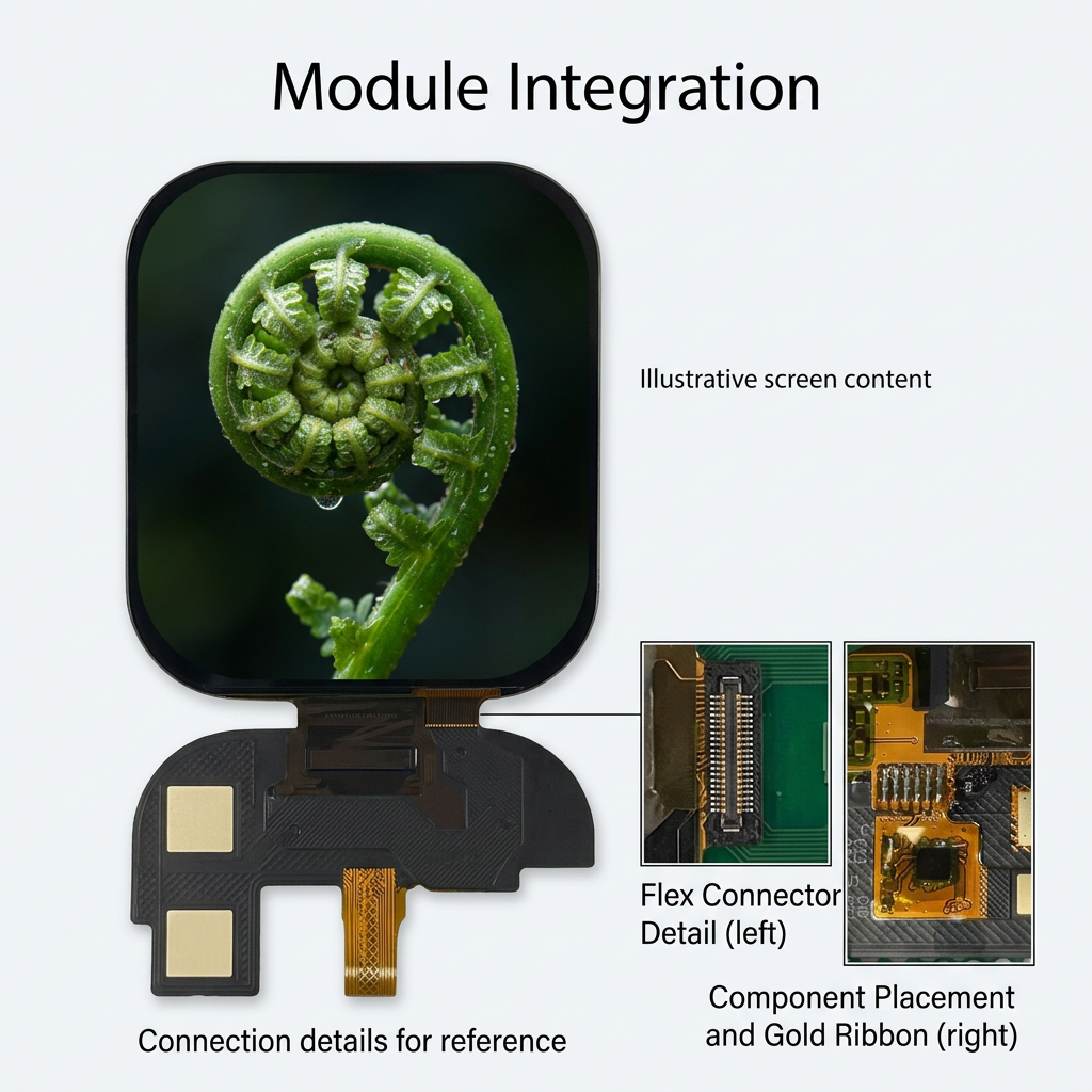 2.06-inch AMOLED flex circuit details with illustrative fern macro screen