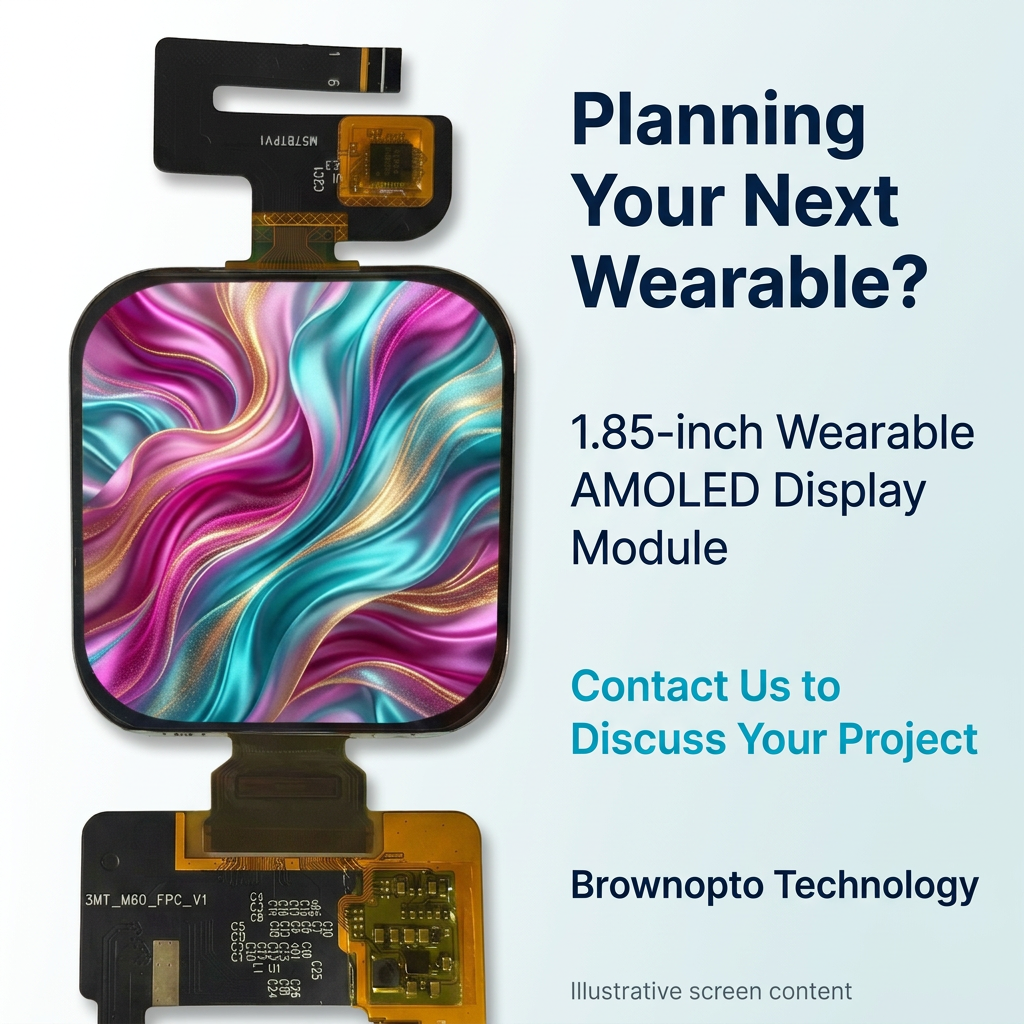 Brownopto 1.85-inch wearable AMOLED project inquiry with illustrative abstract silk screen