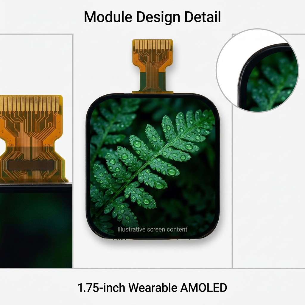 1.75-inch AMOLED module design detail with illustrative emerald fern screen