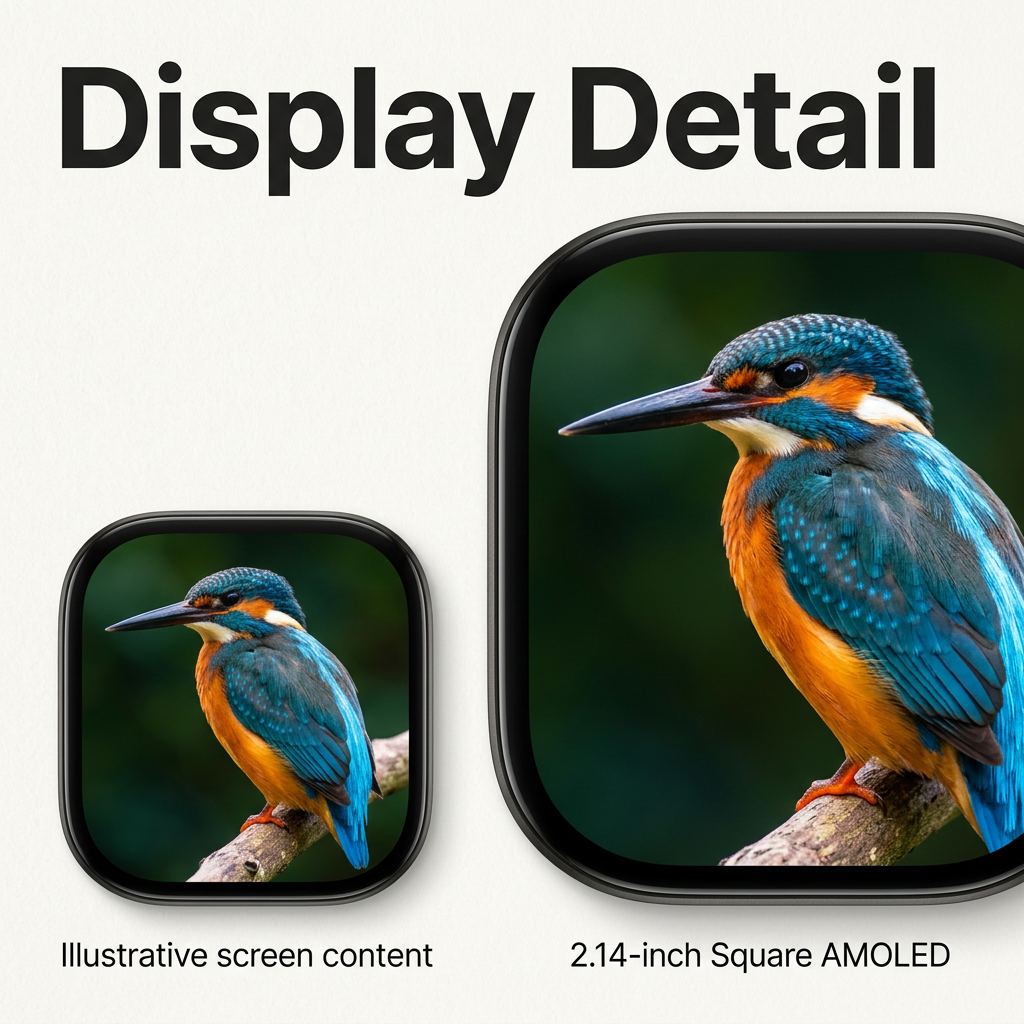 2.14-inch square AMOLED screen detail with illustrative kingfisher artwork