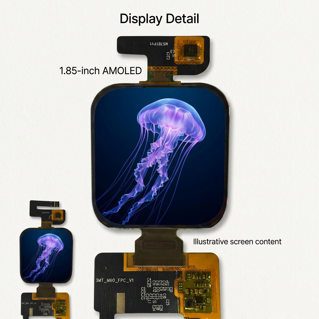 1.85-inch AMOLED display detail with illustrative purple jellyfish screen