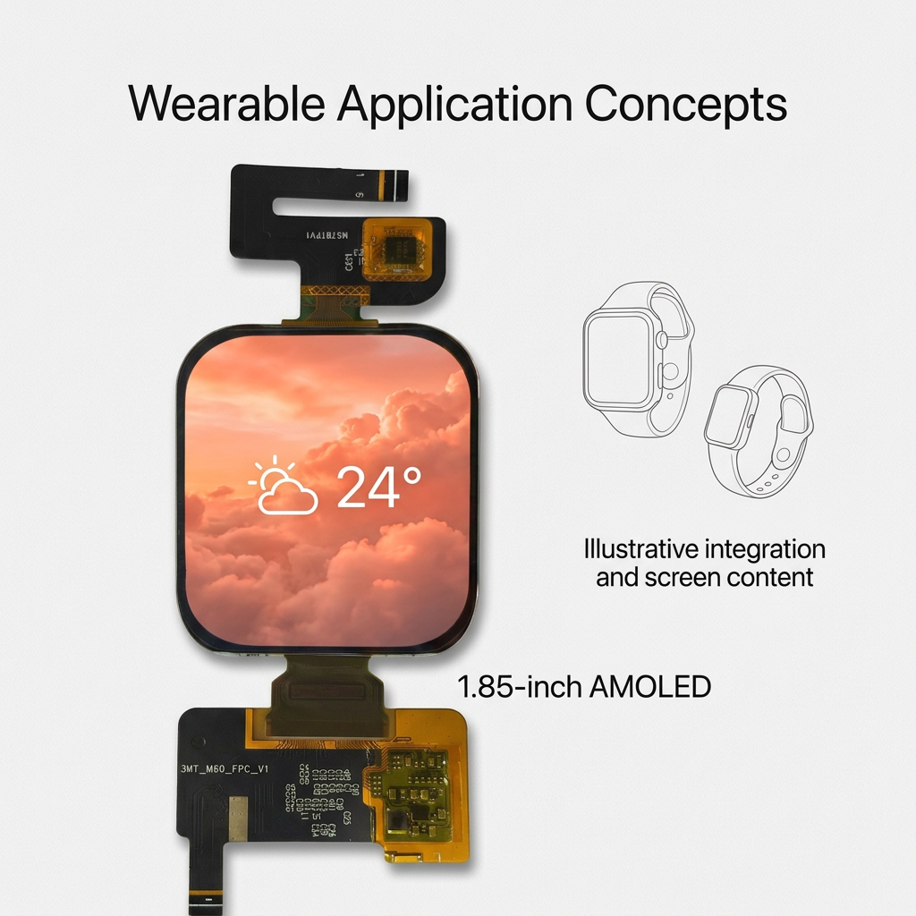 1.85-inch AMOLED wearable application concepts with illustrative sunrise weather screen