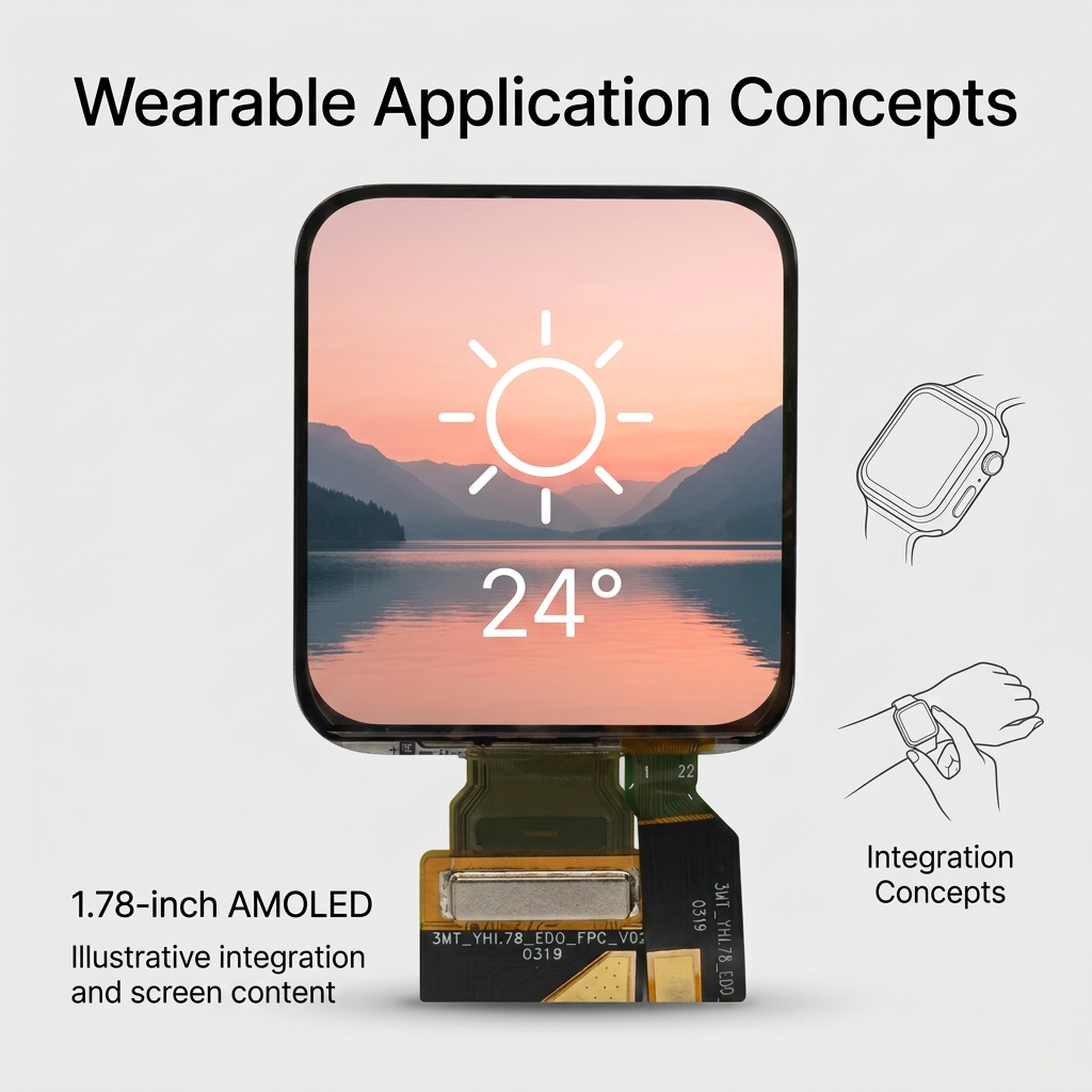 1.78-inch AMOLED wearable application concepts with illustrative mountain weather screen