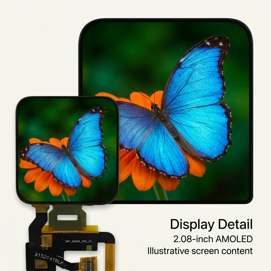 2.08-inch AMOLED display detail with illustrative blue butterfly and flower artwork