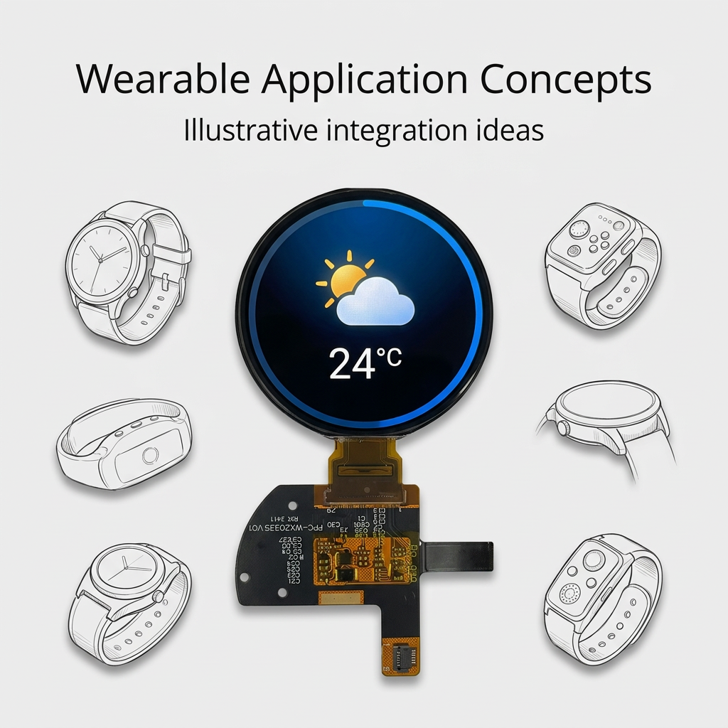 1.504-inch round AMOLED wearable application concepts with illustrative weather screen