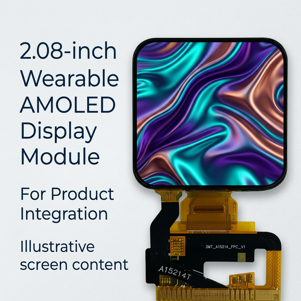 2.08-inch wearable AMOLED module overview with illustrative colorful silk waves
