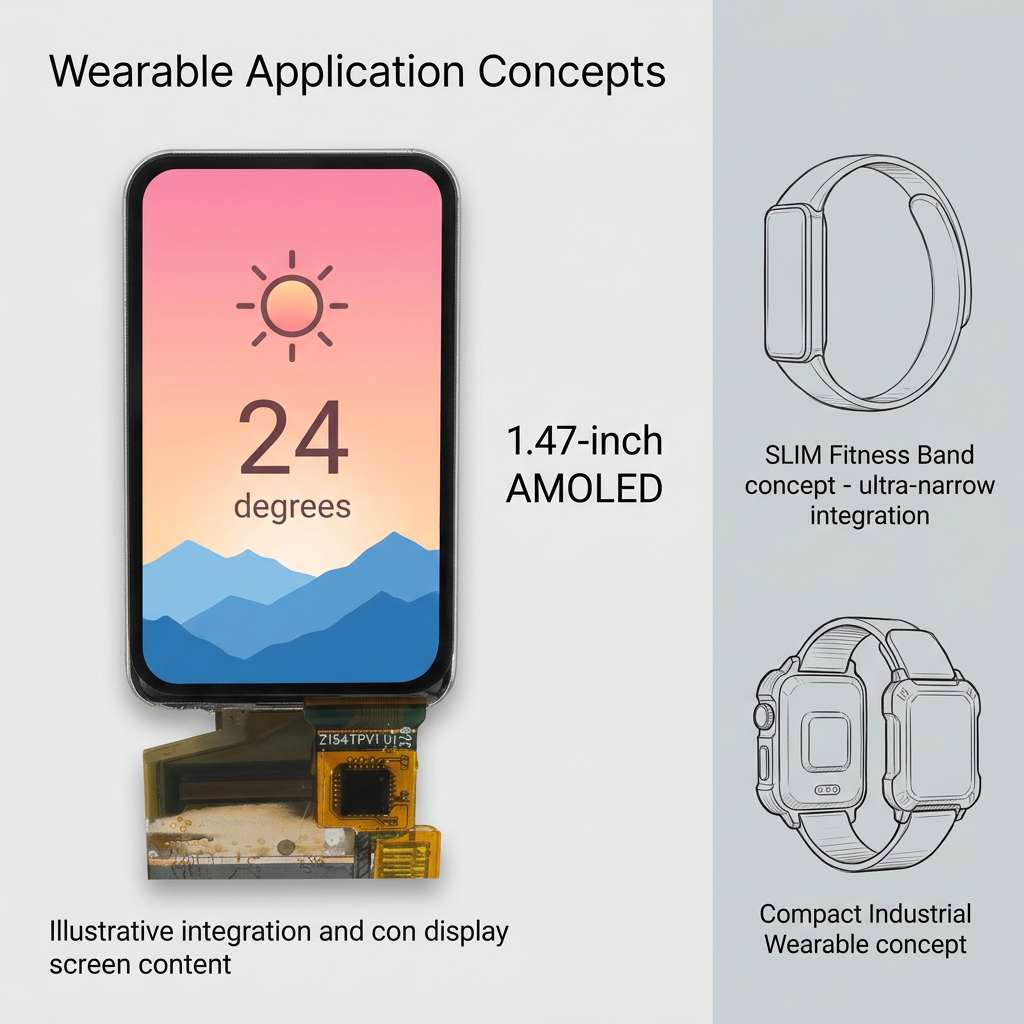 1.47-inch AMOLED wearable application concepts with illustrative sunrise weather screen