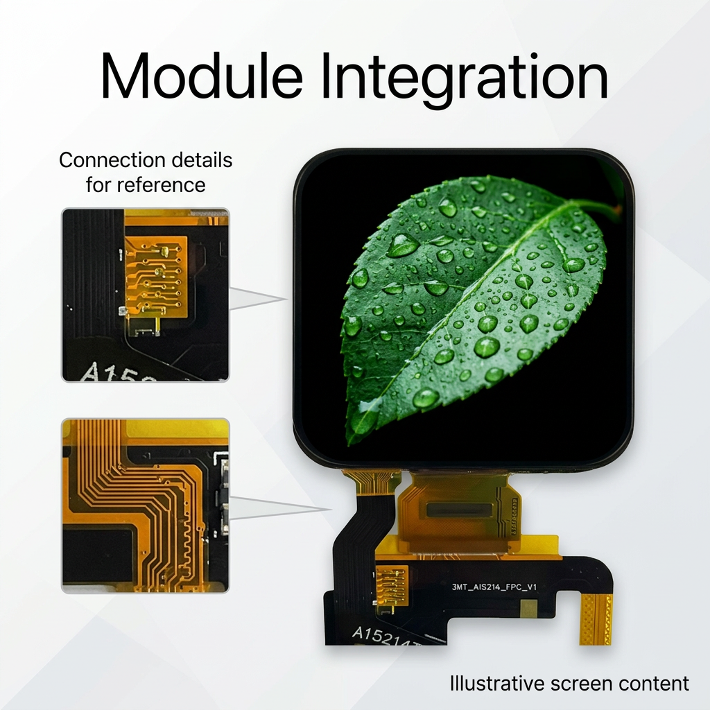 2.08-inch AMOLED flex connection details with illustrative green leaf screen