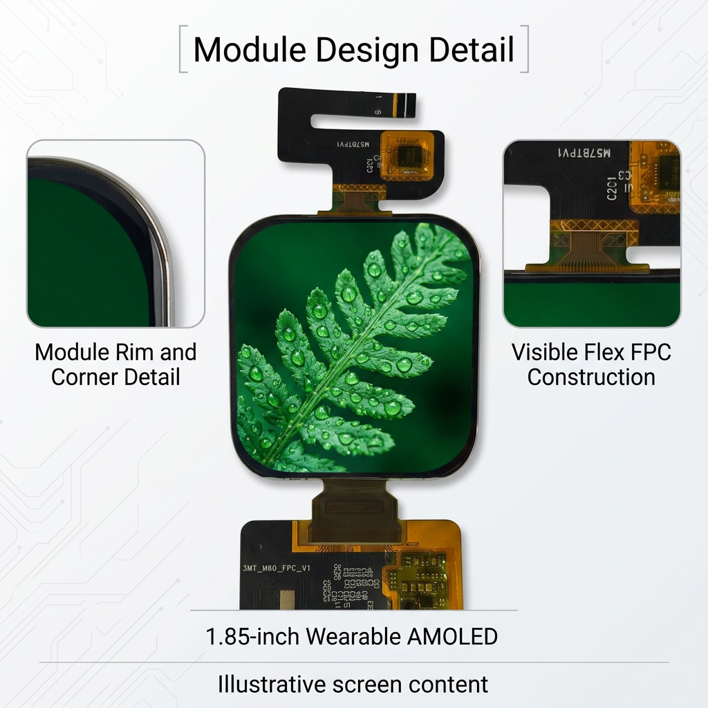 1.85-inch wearable AMOLED module design detail with illustrative fern screen