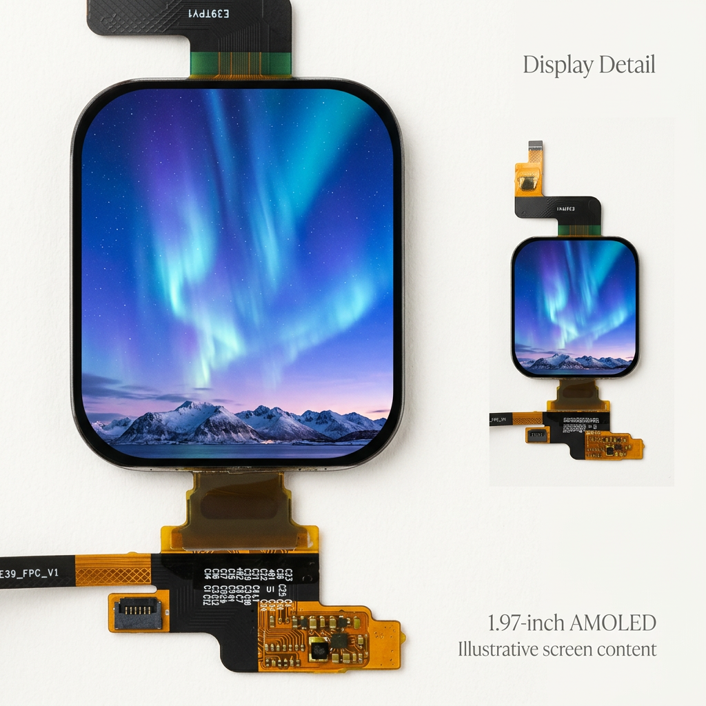 1.97-inch AMOLED display detail with illustrative aurora landscape