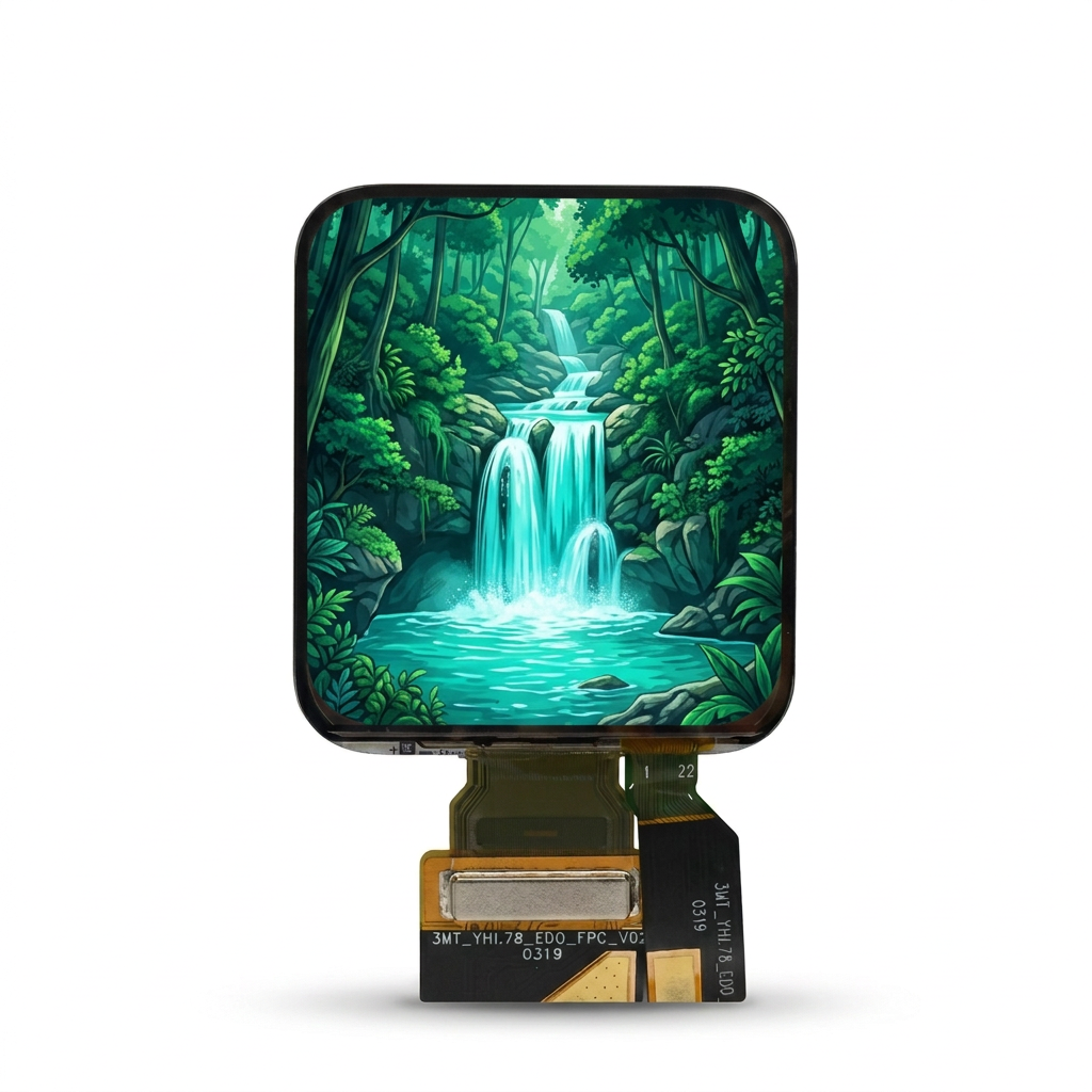 1.78-inch wearable AMOLED module with illustrative waterfall screen on white