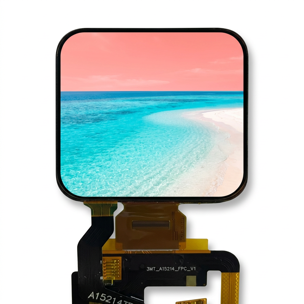 2.08-inch wearable AMOLED module with illustrative island lagoon screen on white