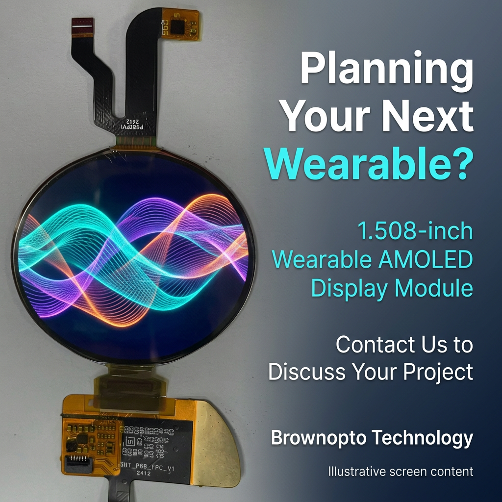 Brownopto 1.508-inch wearable AMOLED project inquiry with illustrative abstract screen