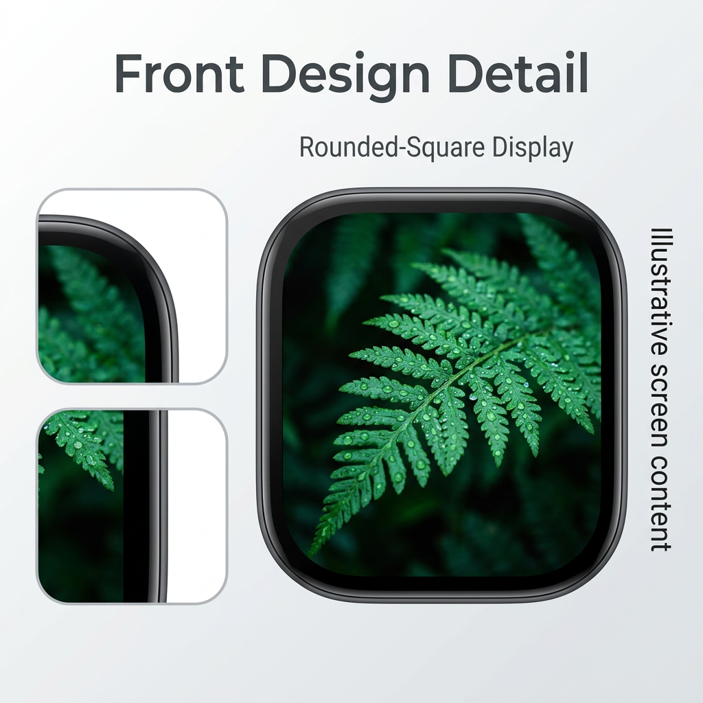 2.14-inch rounded-square AMOLED front bezel detail with illustrative fern screen