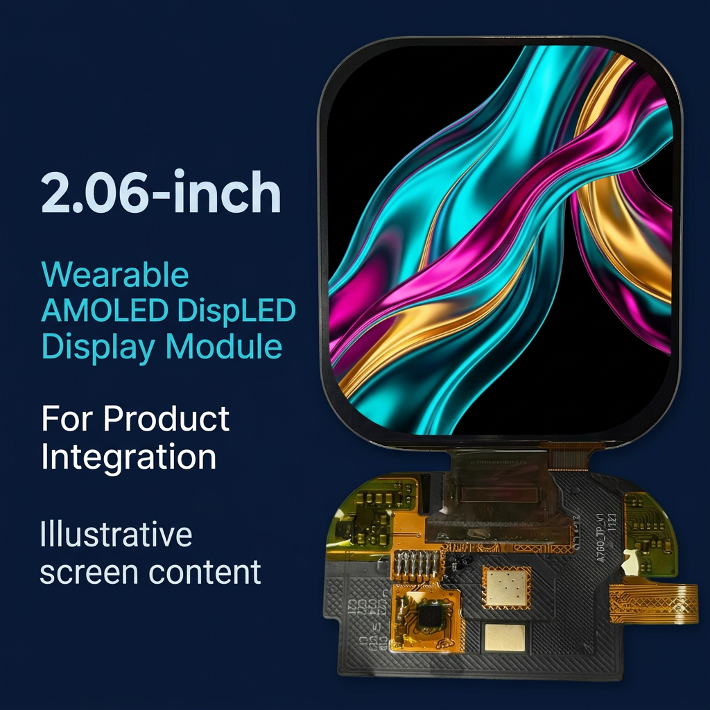 2.06-inch wearable AMOLED module overview with illustrative colorful flowing artwork