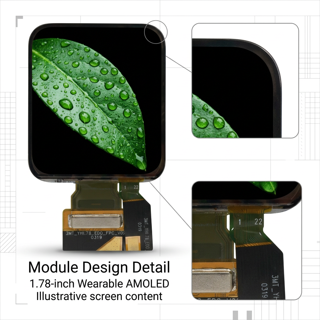 1.78-inch AMOLED module design detail with illustrative green leaf screen