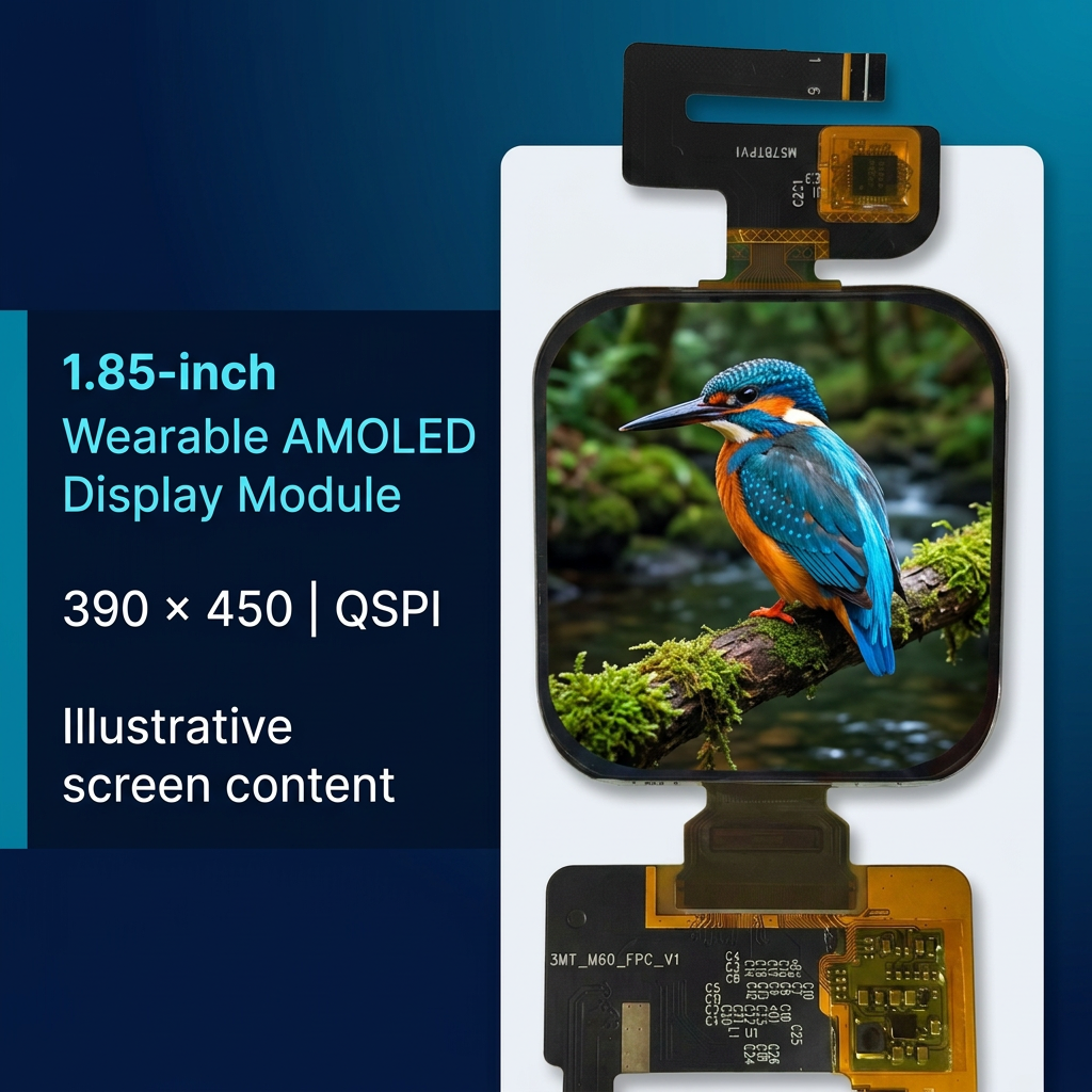 1.85-inch AMOLED 390x450 QSPI product overview with illustrative kingfisher screen