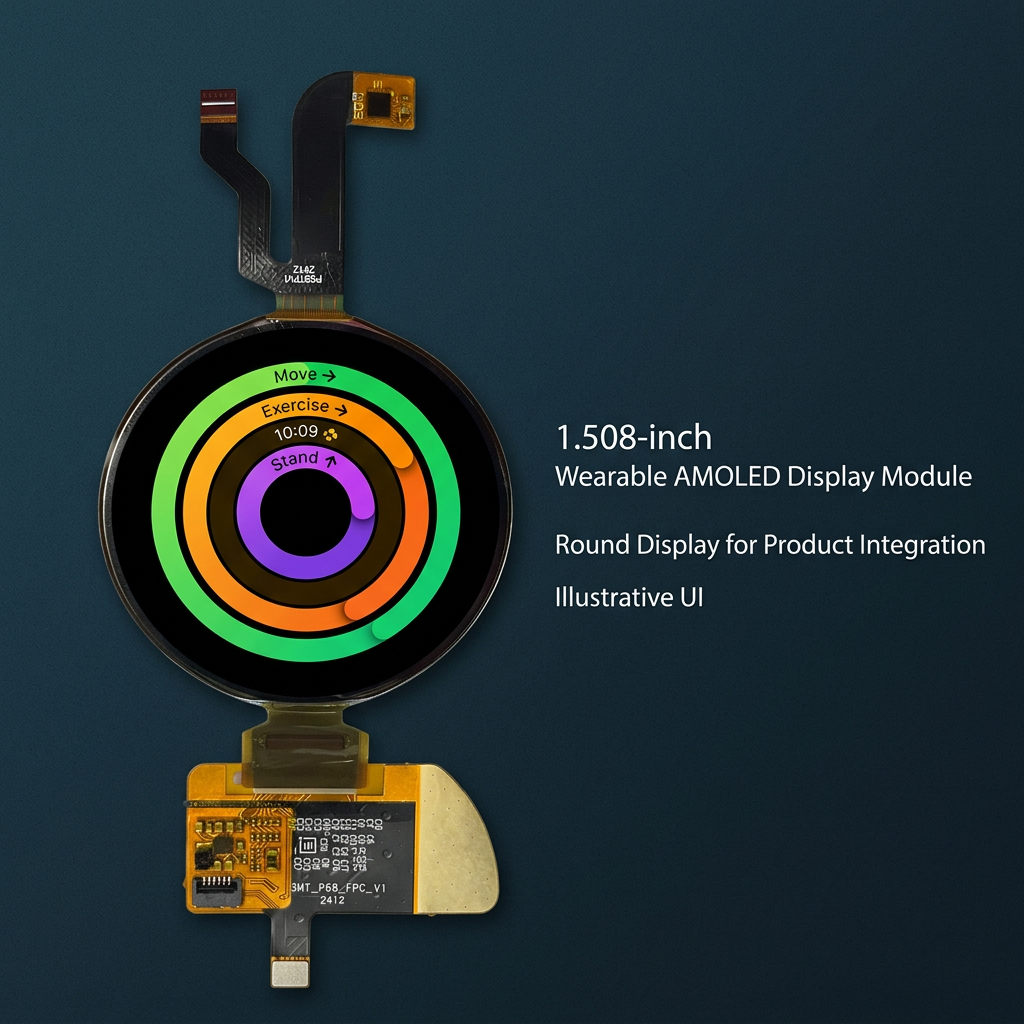 1.508-inch wearable AMOLED module overview with illustrative activity rings