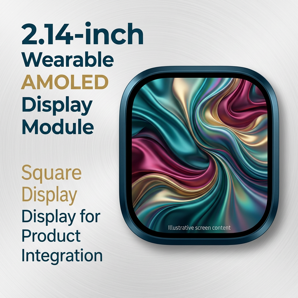 2.14-inch square wearable AMOLED overview with illustrative colorful flowing artwork