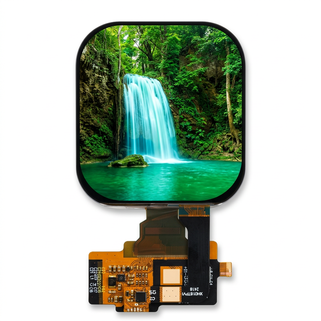 2.04-inch wearable AMOLED module with illustrative emerald waterfall screen on white