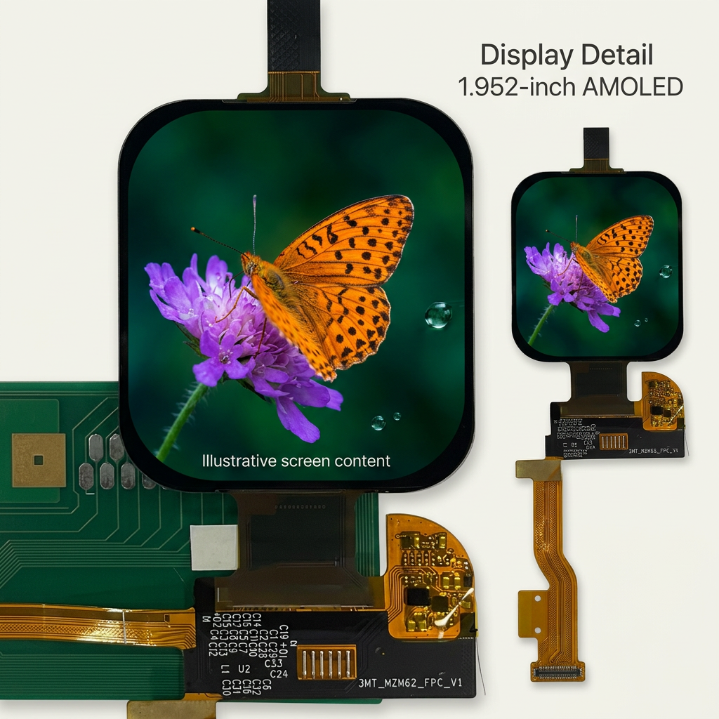1.952-inch AMOLED screen detail with illustrative butterfly and flower artwork