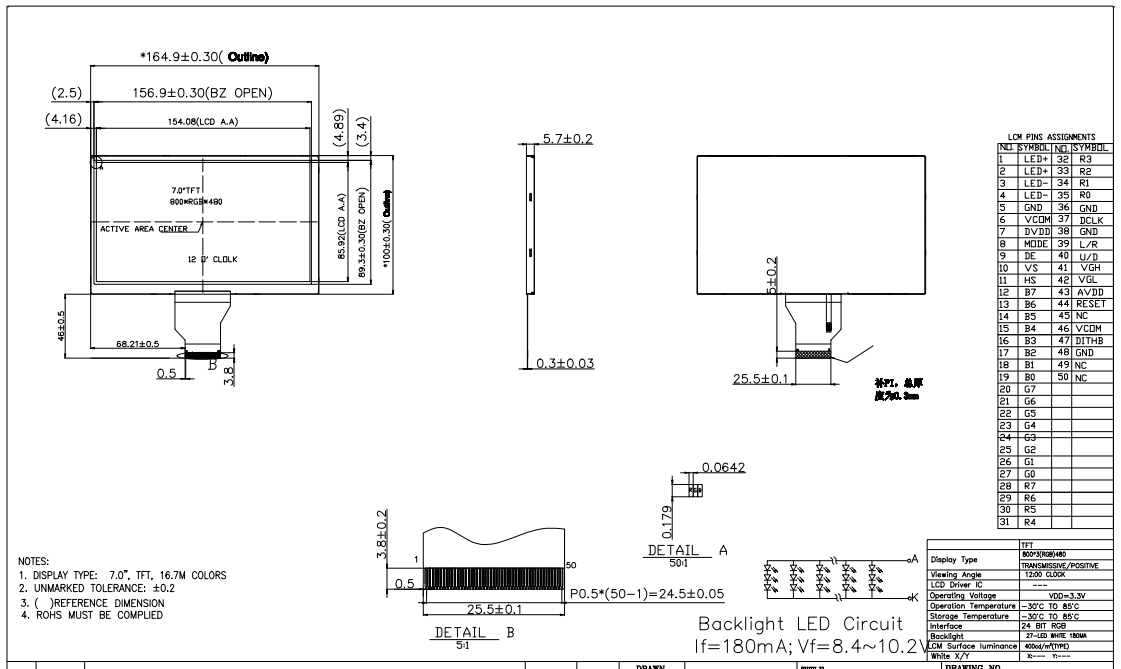 7,0 Zoll Standard 800x480px TFT ohne Touchscreen
