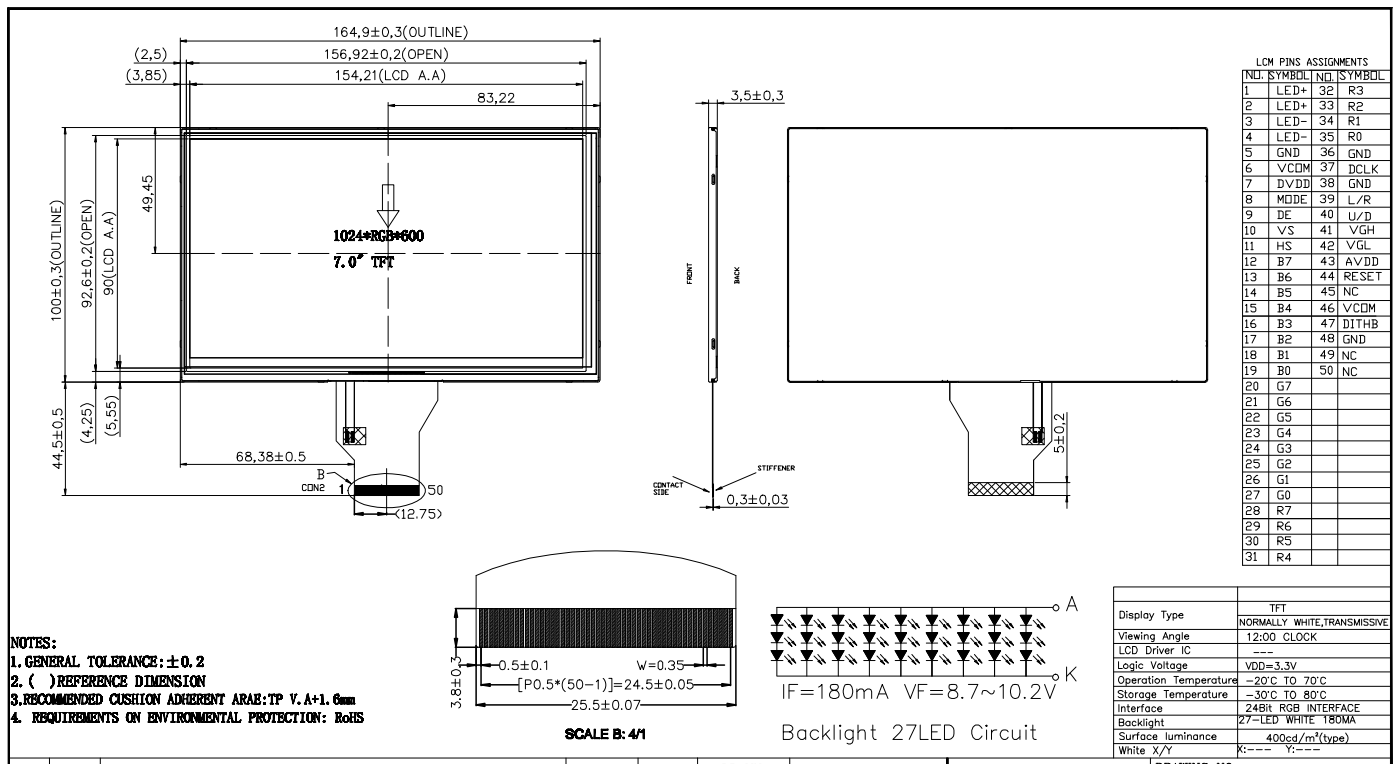 7,0 Zoll Standard 1024x600px TFT mit hoher Helligkeit ohne Touchscreen