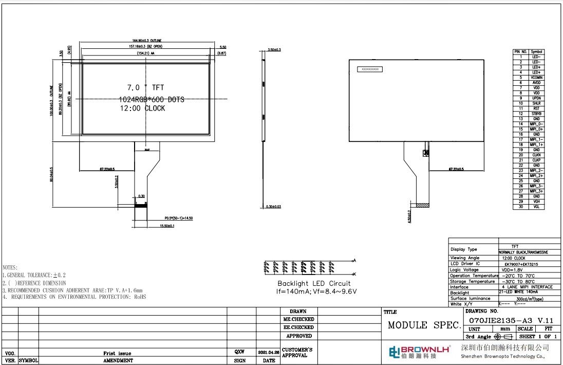 7,0 Zoll Standard 1024x600px TFT ohne Touchscreen